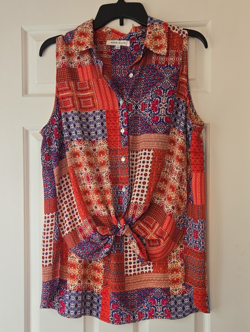Rose & Olive Women's Sleeveless Patchwork Print Button-Up Blouse Size Large Boho - Picture 7 of 11